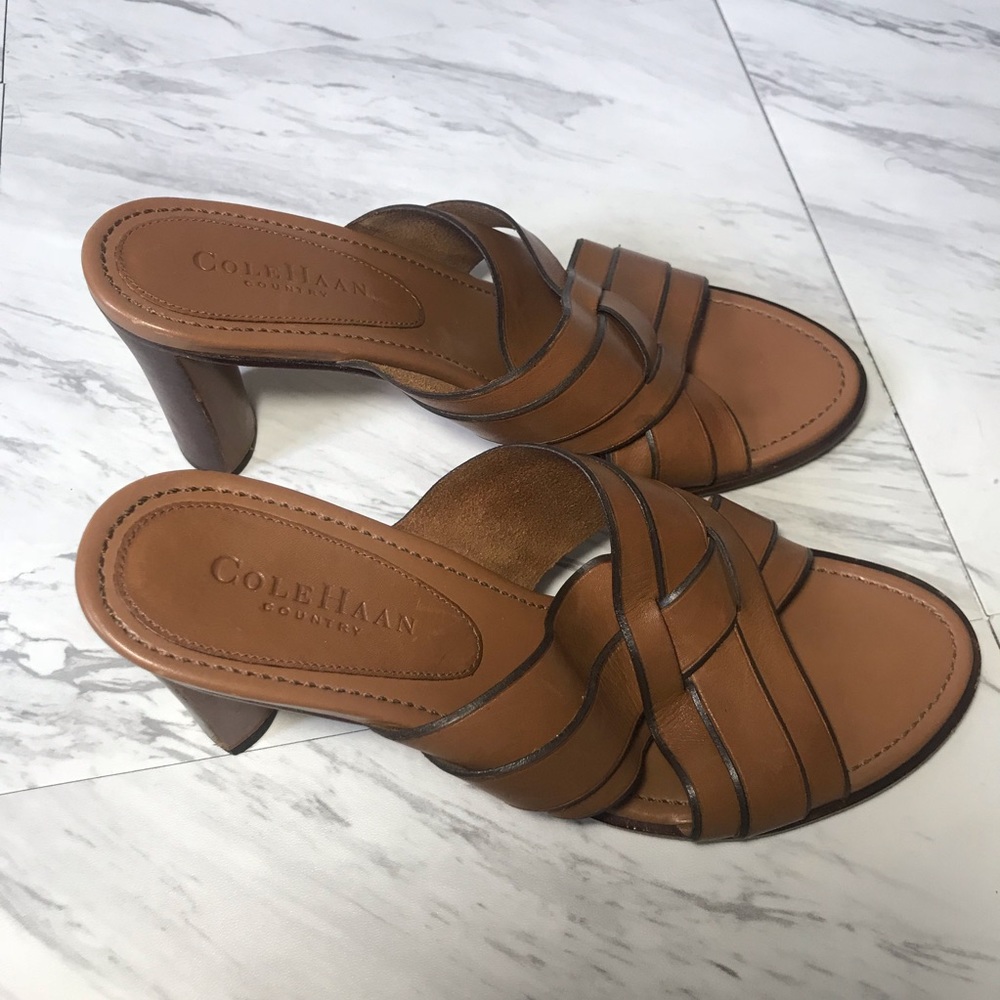 Cole Haan brown country woven leather sandal mules